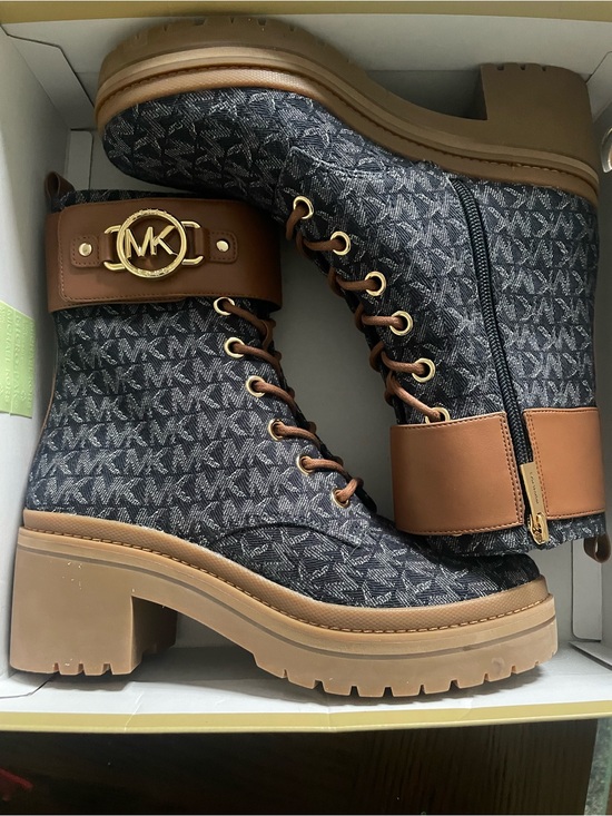 Michael Kors Shoes - Michael Kors Brown and Blue MK Logo Lace-Up Combat Boots